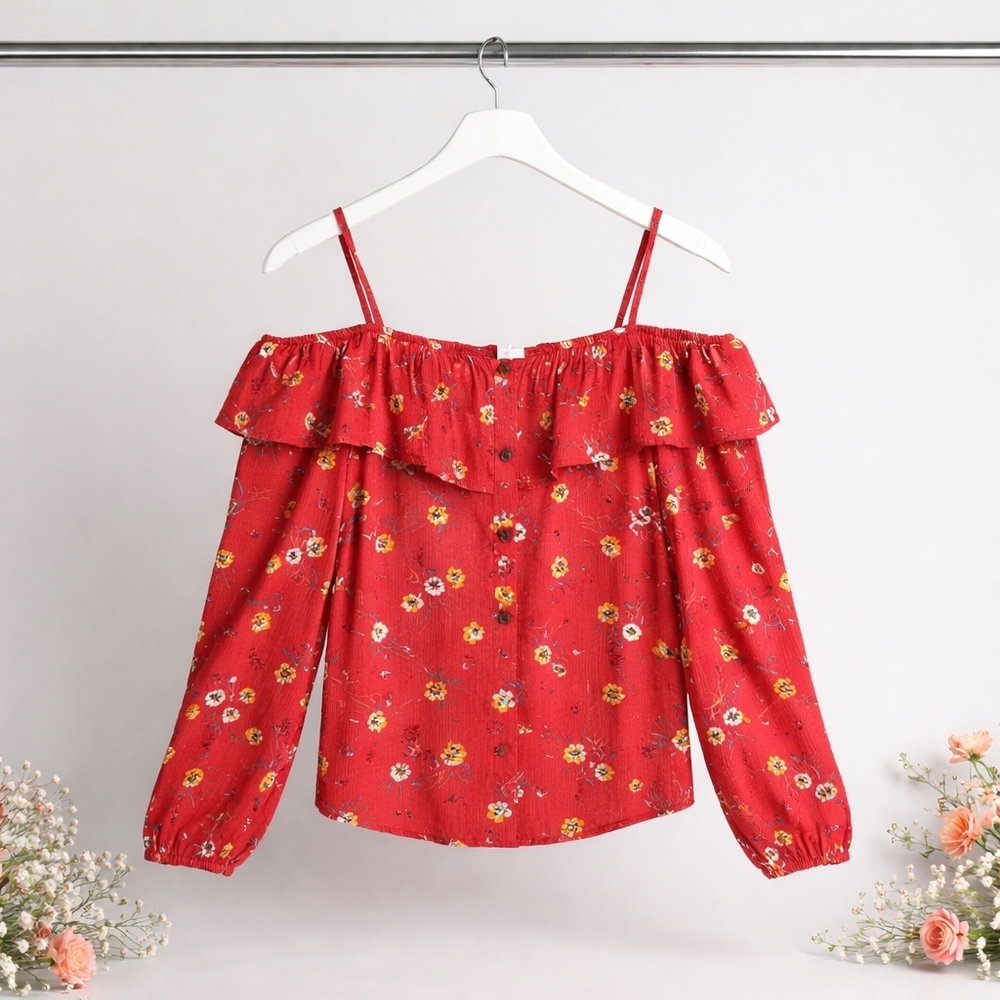 Maurices Red Floral Cold-Shoulder Ruffle Blouse Size Medium. Great Condition - Picture 12 of 16